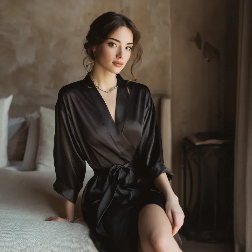 Elegant satin bathrobe - "Stylish black"